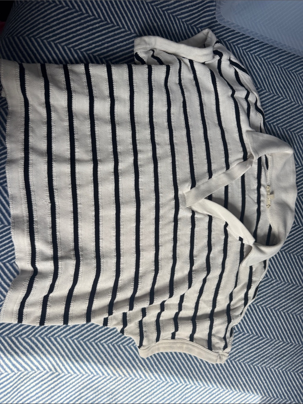 Women’s Madewell White and Navy Striped Short-Sleeve Polo Shirt